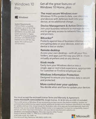 1 User Windows 10 Pro Retail Box Support Device USB Download